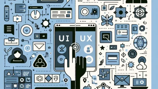 "Comparative graphic illustrating the differences between UI (Interfaz de Usuario) and UX (Experiencia de Usuario) in software development, highlighting key elements and processes for better user engagement."