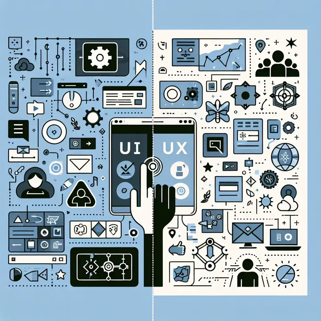 "Comparative graphic illustrating the differences between UI (Interfaz de Usuario) and UX (Experiencia de Usuario) in software development, highlighting key elements and processes for better user engagement."