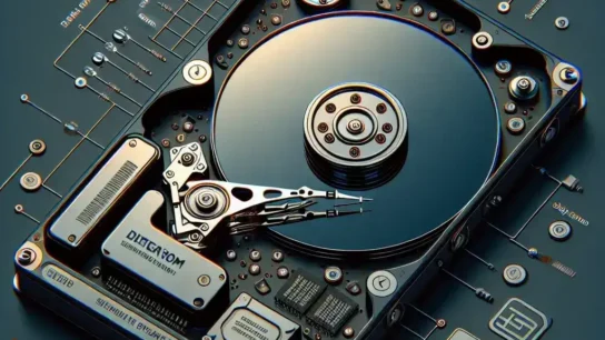"Seagate's next-generation helium hard drive showcased in a high-tech setting, featuring advanced storage technology and sleek design for optimal performance."