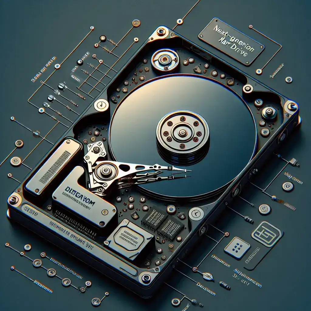 "Seagate's next-generation helium hard drive showcased in a high-tech setting, featuring advanced storage technology and sleek design for optimal performance."