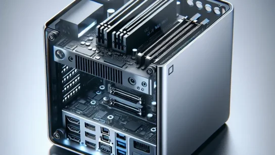 "Mini PC Chuwi AuBox 8745 mostrando sus ranuras M.2 NVMe, destacando su diseño compacto y capacidades de expansión."