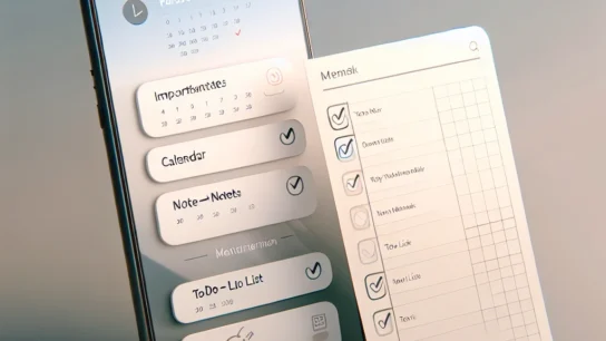 "Aplicaciones de gestión personal en un dispositivo móvil mostrando calendario, notas y tareas organizadas para una mejor productividad."