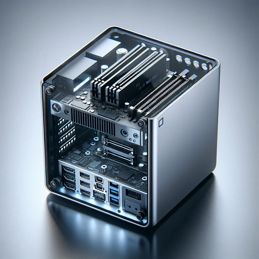 "Mini PC Chuwi AuBox 8745 mostrando sus ranuras M.2 NVMe, destacando su diseño compacto y capacidades de expansión."