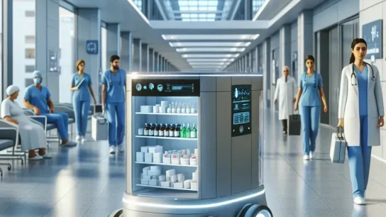 "Robots de transporte en acción en una farmacia hospitalaria de Galicia, mejorando la eficiencia en la gestión de medicamentos en hospitales gallegos."