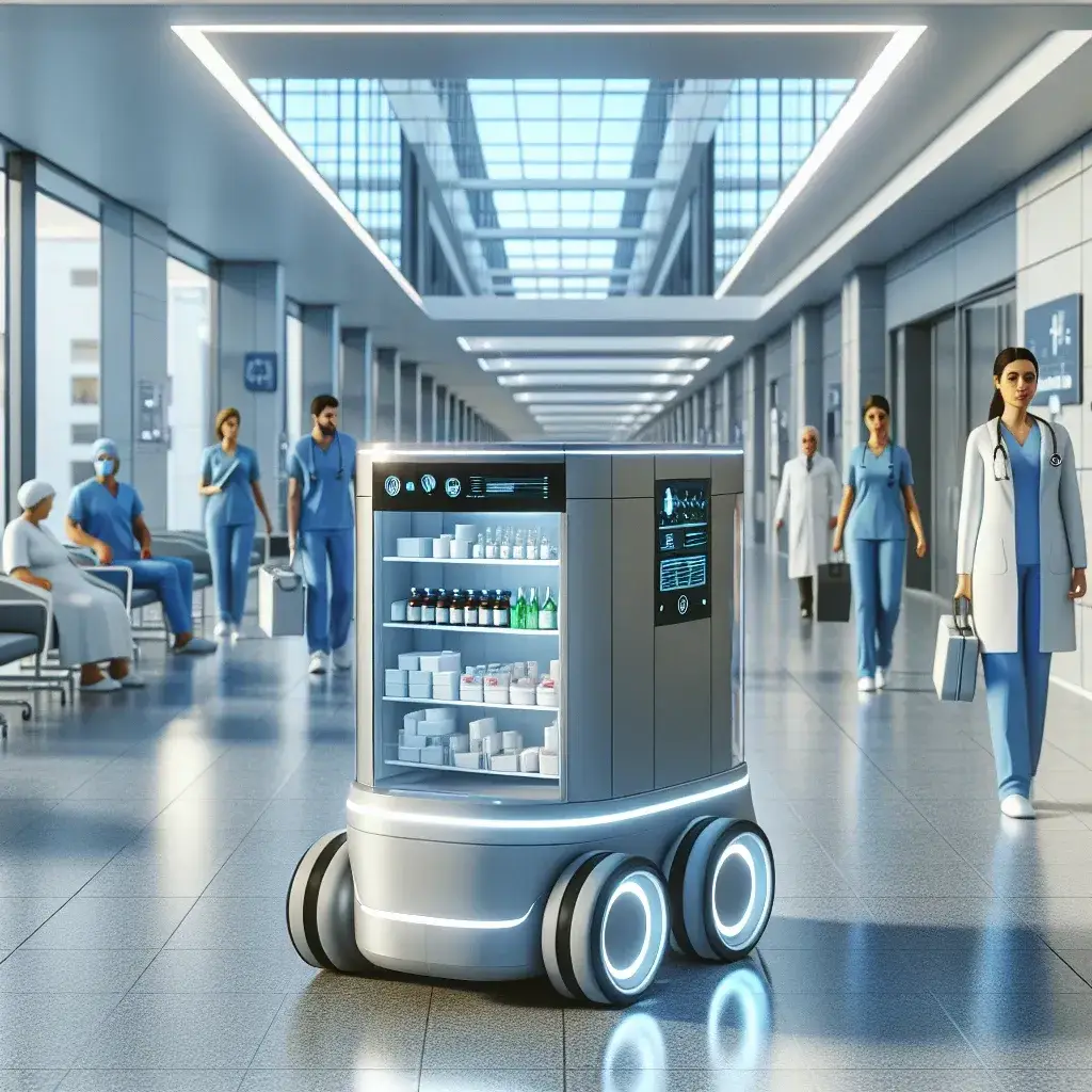 "Robots de transporte en acción en una farmacia hospitalaria de Galicia, mejorando la eficiencia en la gestión de medicamentos en hospitales gallegos."