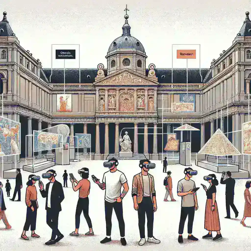 Alt text: "Art lovers exploring immersive experiences at El Prado and Reina Sofía museums using augmented reality glasses."