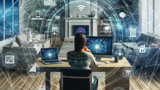 "Imagen de una interfaz de usuario de un programa para gestionar redes Wi-Fi domésticas, mostrando gráficos de conexión y configuraciones de red en un dispositivo móvil."