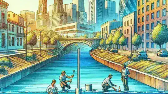 "Sensor de calidad del agua instalado en un río urbano en una ciudad española, monitorizando la pureza del agua y contribuyendo a la sostenibilidad medioambiental."