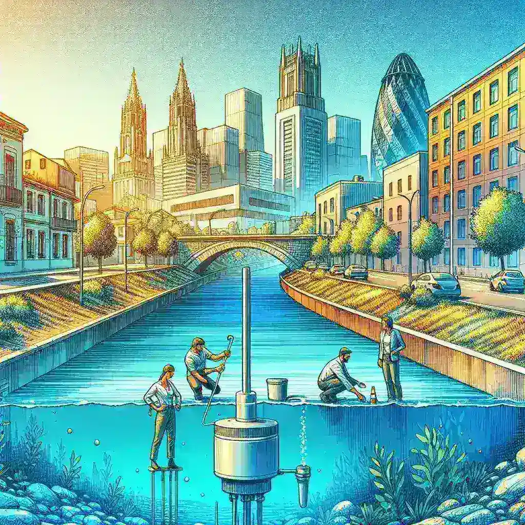 "Sensor de calidad del agua instalado en un río urbano en una ciudad española, monitorizando la pureza del agua y contribuyendo a la sostenibilidad medioambiental."