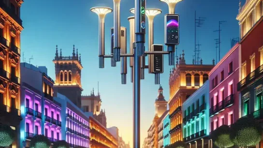 "Farolas inteligentes en una ciudad española equipadas con sensores de calidad del aire, mejorando la sostenibilidad urbana y la salud pública."