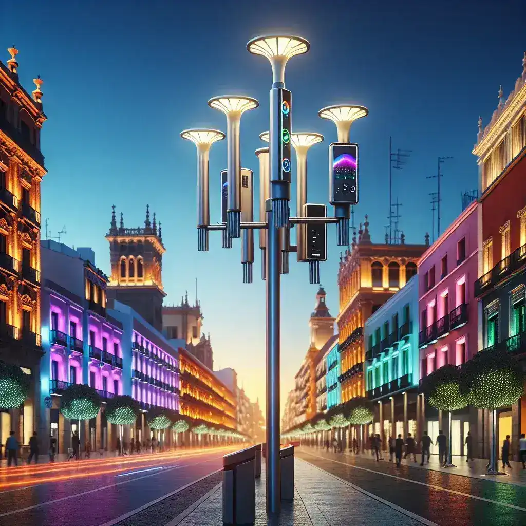"Farolas inteligentes en una ciudad española equipadas con sensores de calidad del aire, mejorando la sostenibilidad urbana y la salud pública."